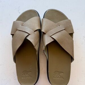 Sorel Olive/Taupe Crossband Slide Sandals